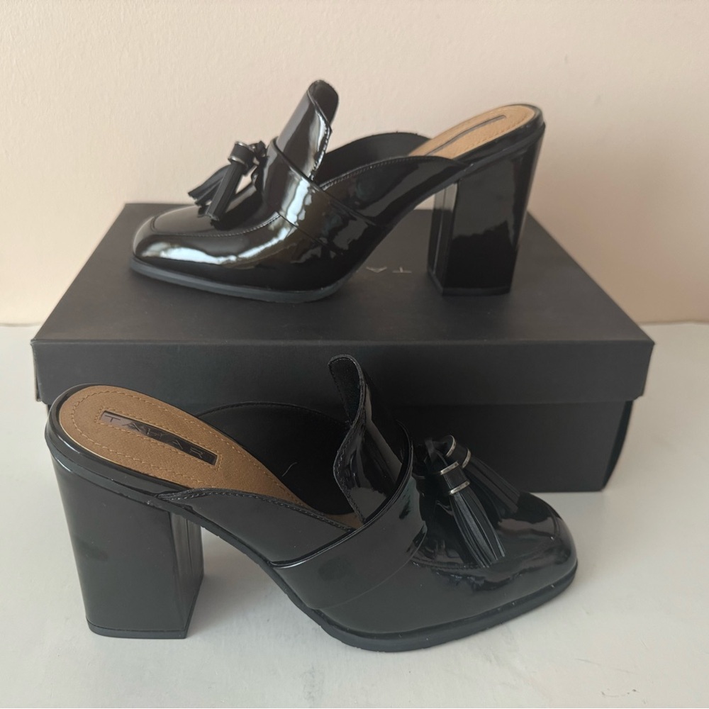 Tahari Black Heel Patent Leather Mules. Ta-Zalla tassel loafer. Size: 7.5